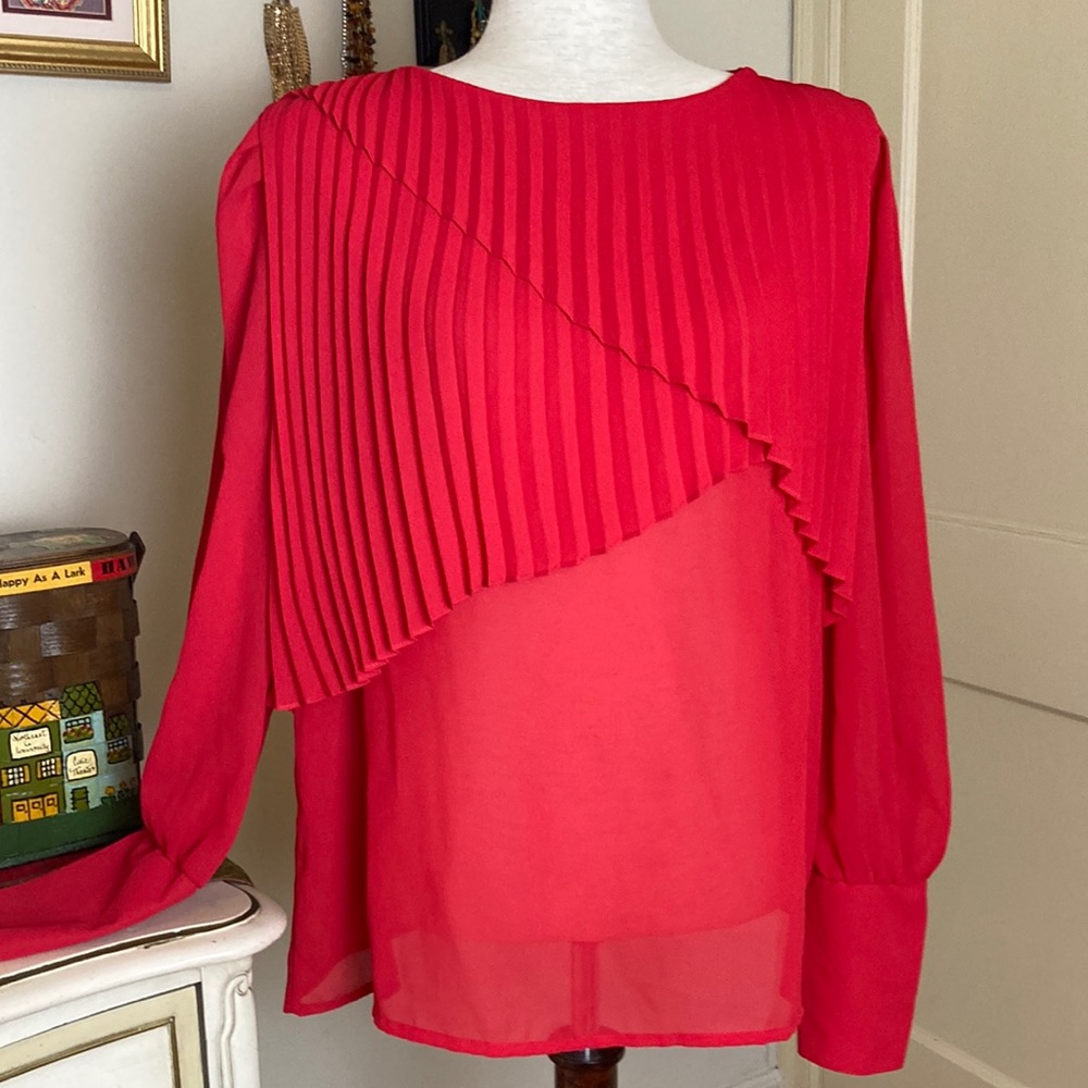 Vintage 70s Sheer Pleated Disco Party Blouse Sz XL